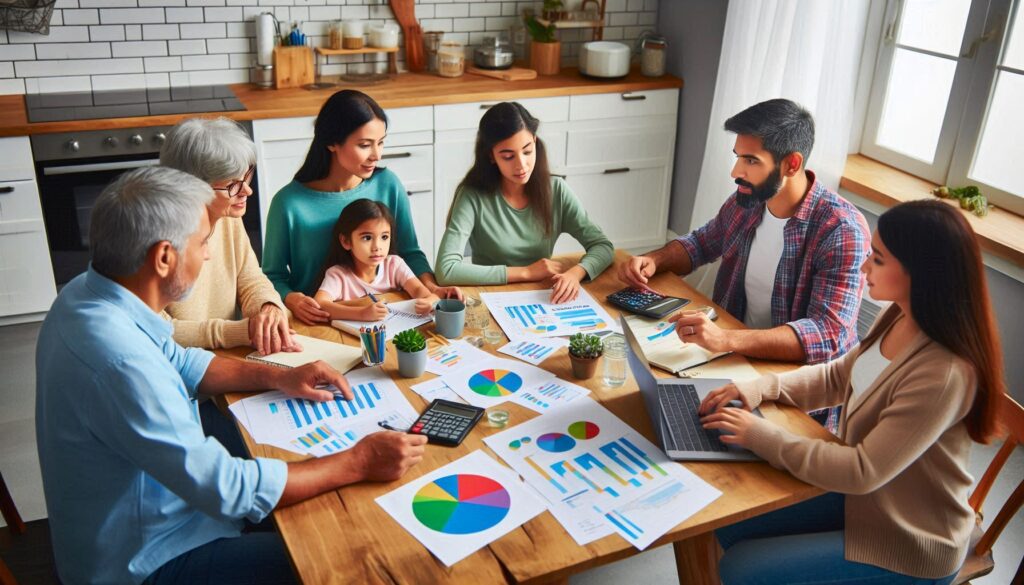 Familia conversando sobre o orçamento familiar